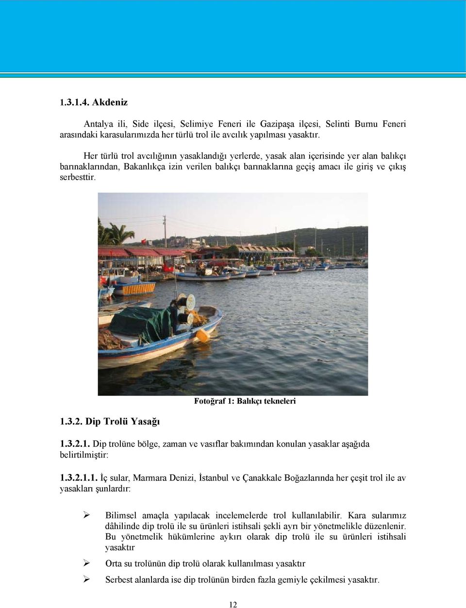 2. Dip Trolü Yasağı Fotoğraf 1: Balıkçı tekneleri 1.3.2.1. Dip trolüne bölge, zaman ve vasıflar bakımından konulan yasaklar aşağıda belirtilmiştir: 1.3.2.1.1. İç sular, Marmara Denizi, İstanbul ve Çanakkale Boğazlarında her çeşit trol ile av yasakları şunlardır: Bilimsel amaçla yapılacak incelemelerde trol kullanılabilir.