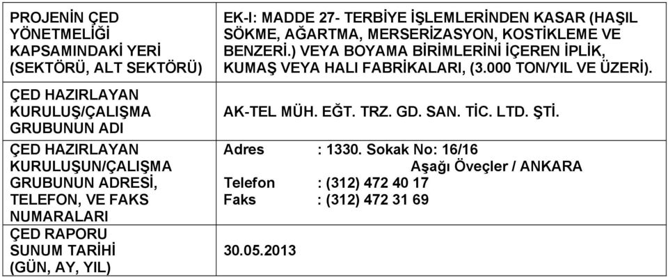 MERSERİZASYON, KOSTİKLEME VE BENZERİ.) VEYA BOYAMA BİRİMLERİNİ İÇEREN İPLİK, KUMAŞ VEYA HALI FABRİKALARI, (3.000 TON/YIL VE ÜZERİ). AK-TEL MÜH.