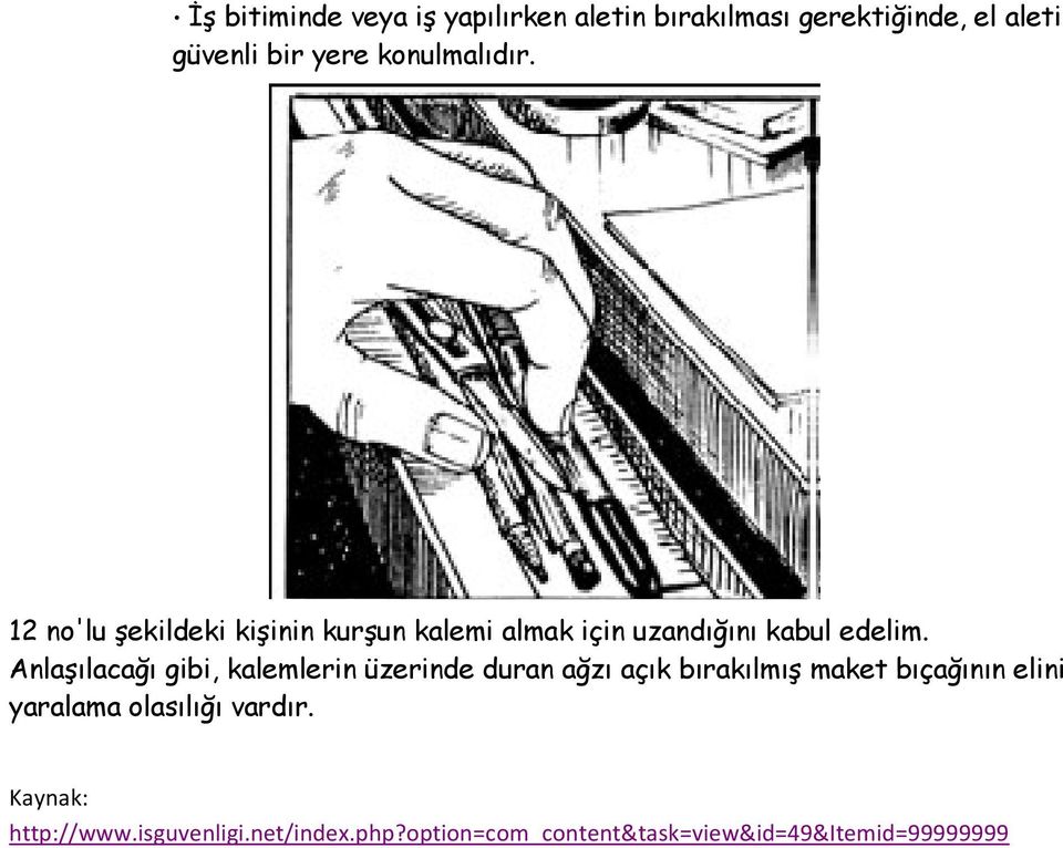 Anlaşılacağı gibi, kalemlerin üzerinde duran ağzı açık bırakılmış maket bıçağının elini yaralama