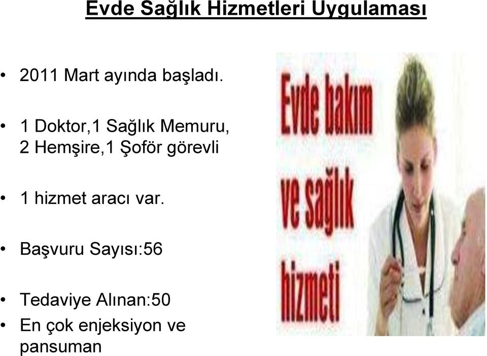 1 Doktor,1 Sağlık Memuru, 2 Hemşire,1 Şoför