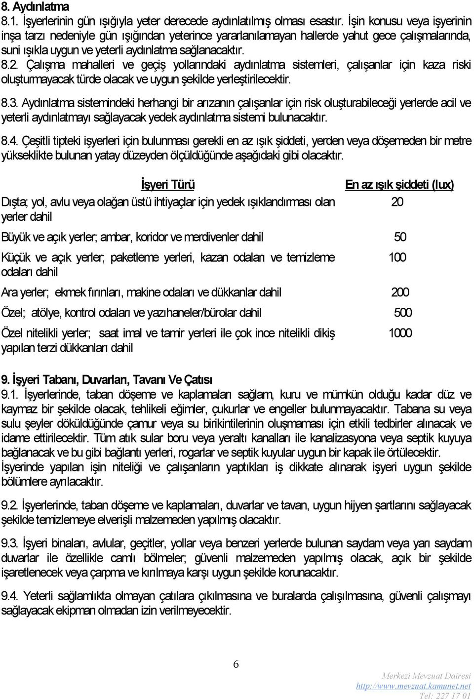 Çalışma mahalleri ve geçiş yollarındaki aydınlatma sistemleri, çalışanlar için kaza riski oluşturmayacak türde olacak ve uygun şekilde yerleştirilecektir. 8.3.