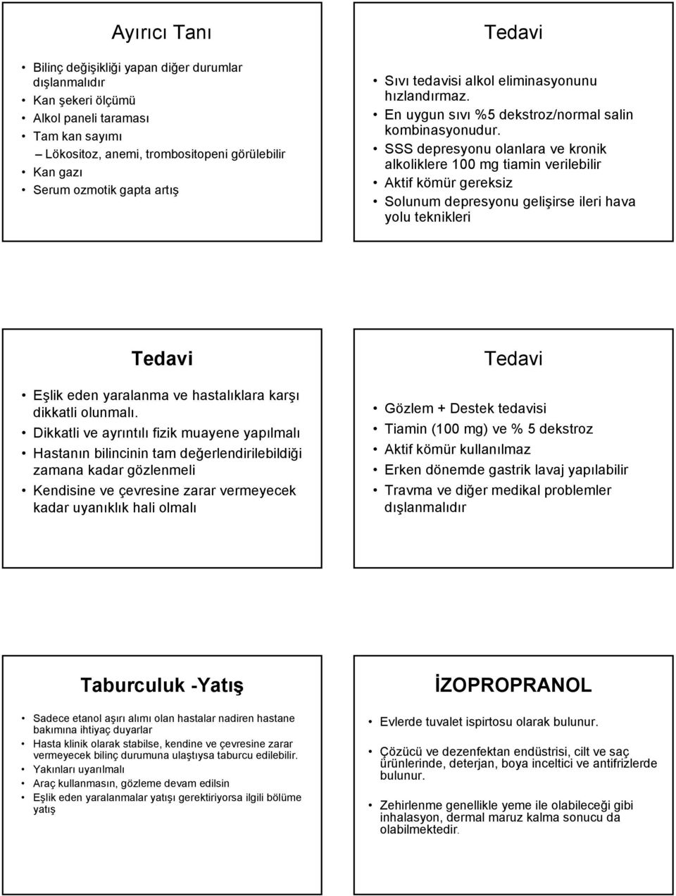 SSS depresyonu olanlara ve kronik alkoliklere 100 mg tiamin verilebilir Aktif kömür gereksiz Solunum depresyonu gelişirse ileri hava yolu teknikleri Eşlik eden yaralanma ve hastalıklara karşı