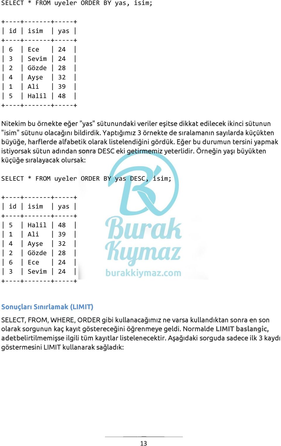 Eğer bu durumun tersini yapmak istiyorsak sütun adından sonra DESC eki getirmemiz yeterlidir.