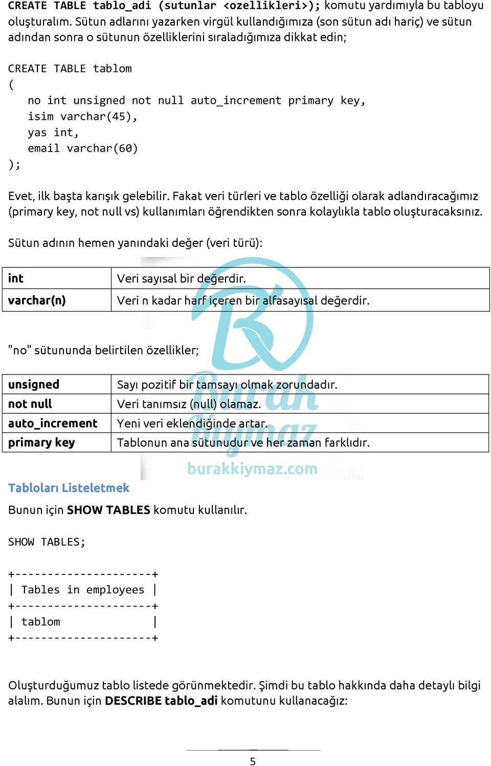 auto_increment primary key, isim varchar(45), yas int, email varchar(60) ); Evet, ilk başta karışık gelebilir.