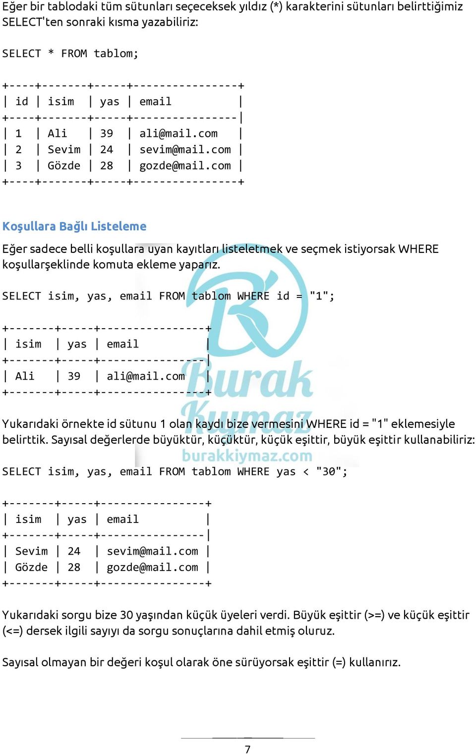 com +---- Koşullara Bağlı Listeleme Eğer sadece belli koşullara uyan kayıtları listeletmek ve seçmek istiyorsak WHERE koşullarşeklinde komuta ekleme yaparız.