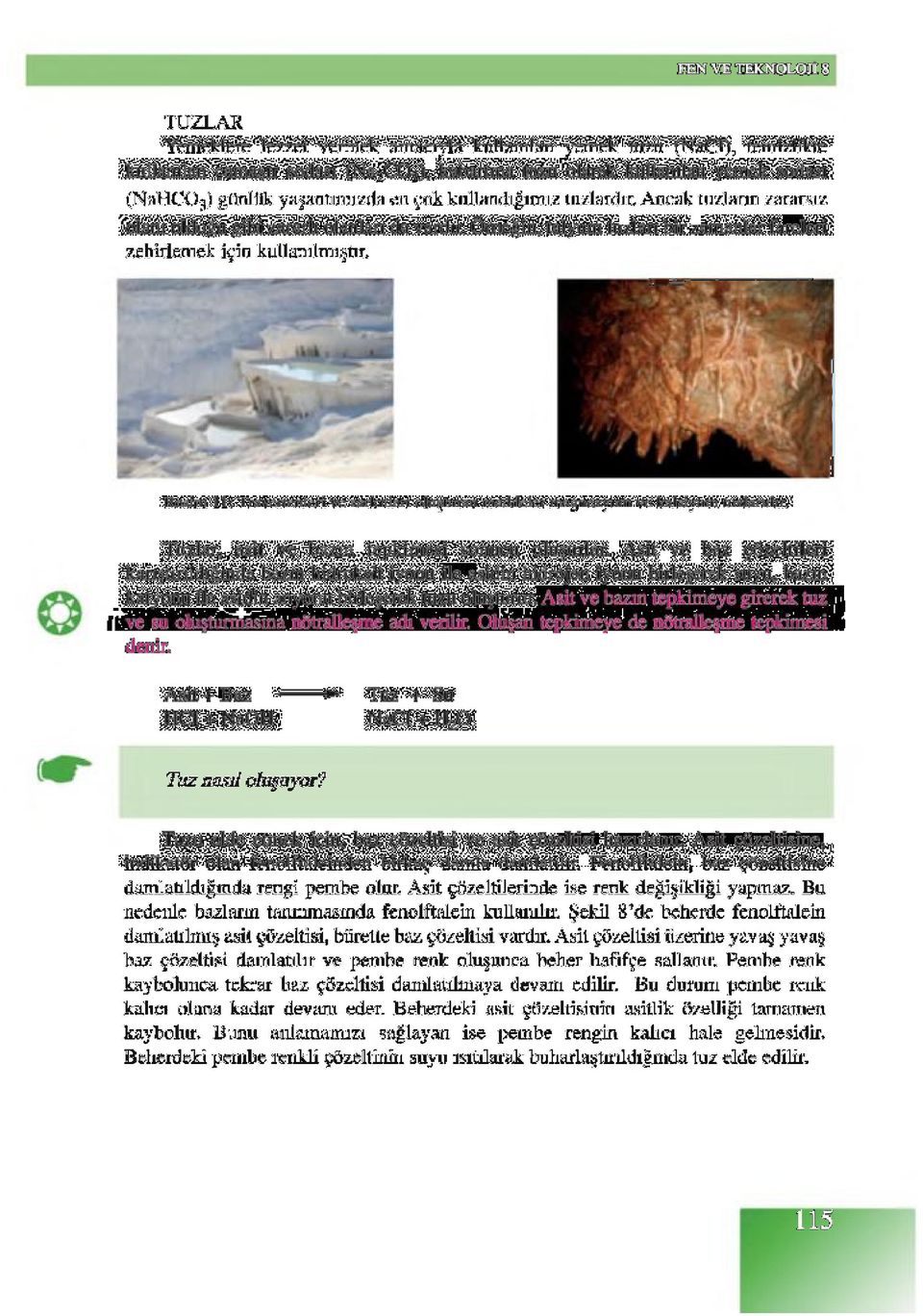 Resim 11: Travertenleri ve sarkıtları oluşturan maddeler magnezyum ve kalsiyum tuzlandır. Tuzlar, asit ve bazın tepkimesi sonucu oluşurlar.