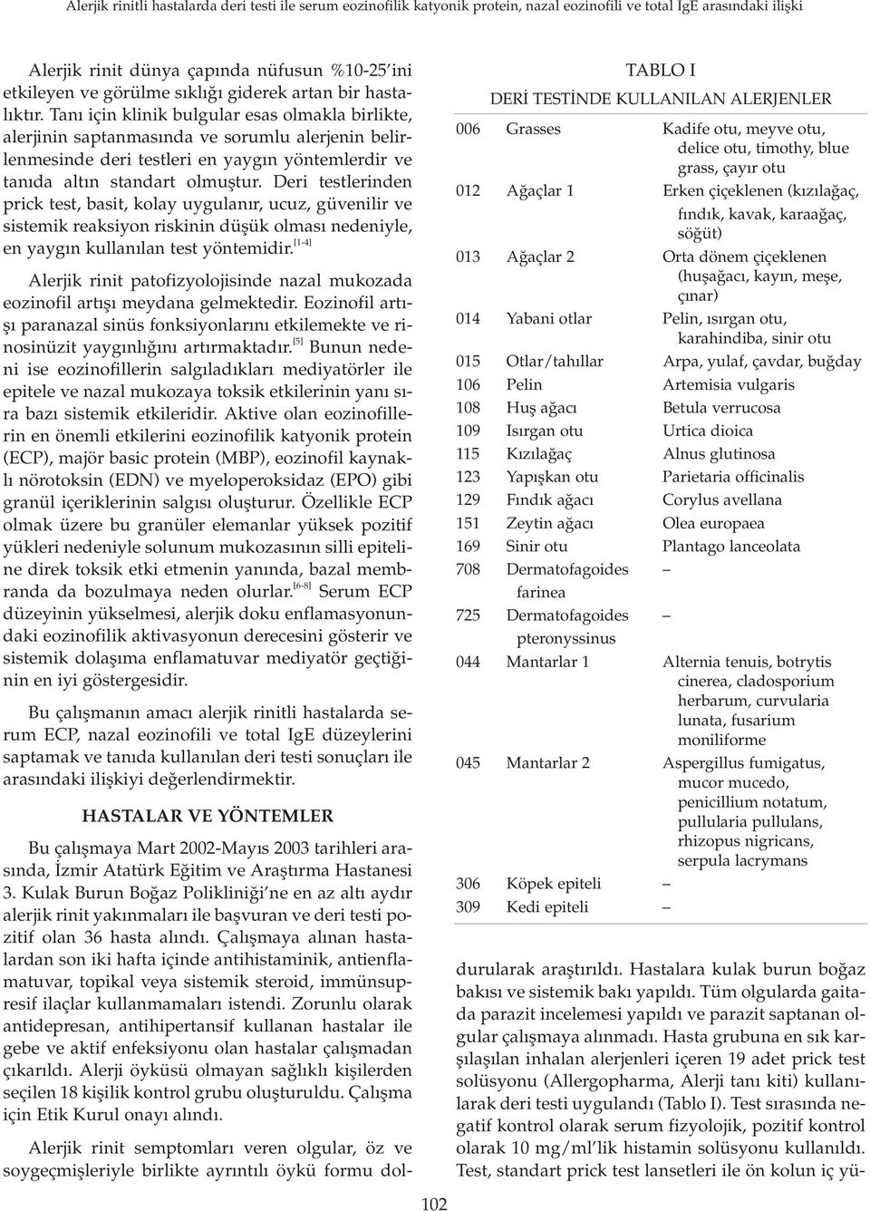 Deri testlerinden prick test, basit, kolay uygulan r, ucuz, güvenilir ve sistemik reaksiyon riskinin düflük olmas nedeniyle, en yayg n kullan lan test yöntemidir.