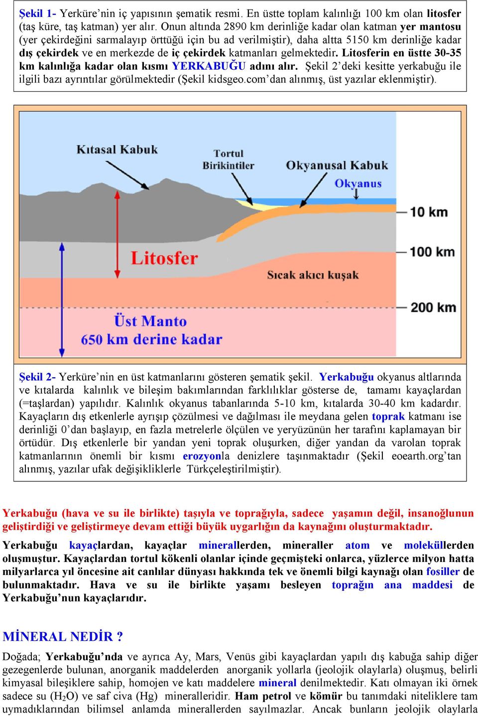 katmanları gelmektedir. Litosferin en üstte 30-35 km kalınlığa kadar olan kısmı YERKABUĞU adını alır. Şekil 2 deki kesitte yerkabuğu ile ilgili bazı ayrıntılar görülmektedir (Şekil kidsgeo.