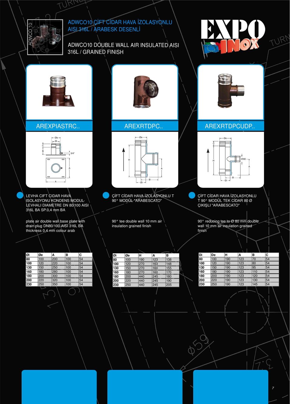 to Ø 80 mm double wall 10 mm air insulation grained finish Øi Øe A B C 80 100 200 100 54 100 120 220 100 54 130 150 250 100 54 160 180 280 100 54 180 200 300 100 54 200 220 320 100 54 230 250 350 100