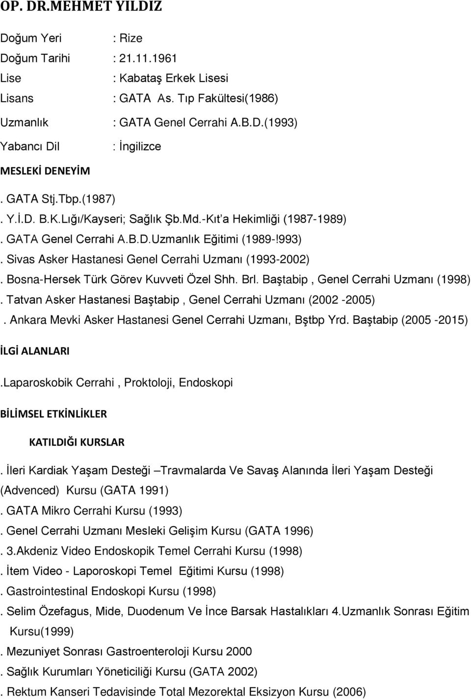 Bosna-Hersek Türk Görev Kuvveti Özel Shh. Brl. Baştabip, Genel Cerrahi Uzmanı (1998). Tatvan Asker Hastanesi Baştabip, Genel Cerrahi Uzmanı (2002-2005).