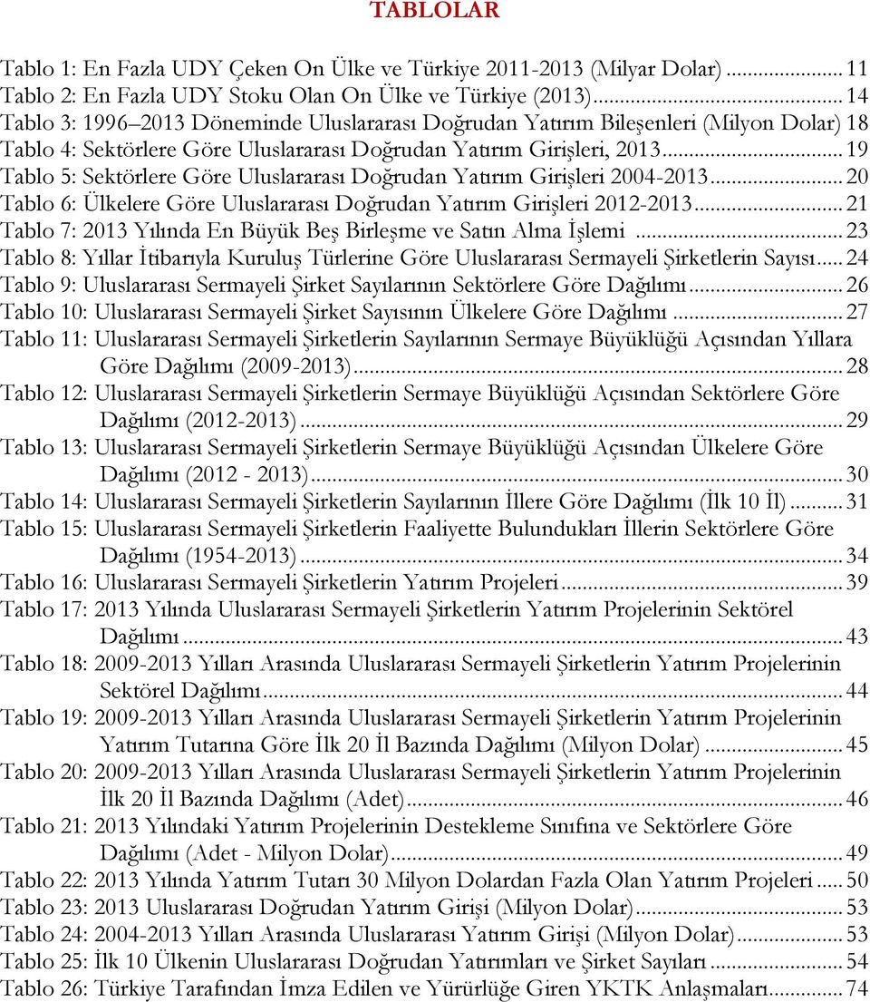 .. 19 Tablo 5: Sektörlere Göre Uluslararası Doğrudan Yatırım Girişleri 2004-2013... 20 Tablo 6: Ülkelere Göre Uluslararası Doğrudan Yatırım Girişleri 2012-2013.