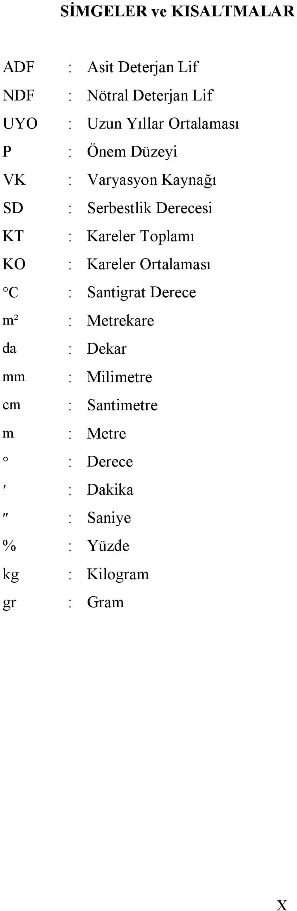 Kareler Toplamı KO : Kareler Ortalaması C : Santigrat Derece m² : Metrekare da : Dekar mm