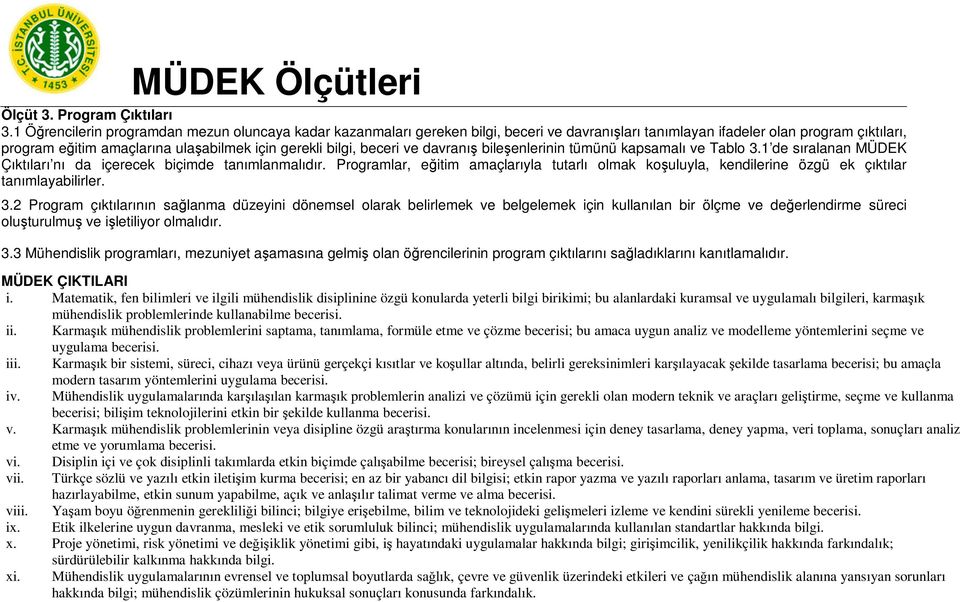 beceri ve davranış bileşenlerinin tümünü kapsamalı ve Tablo 3.1 de sıralanan MÜDEK Çıktıları nı da içerecek biçimde tanımlanmalıdır.