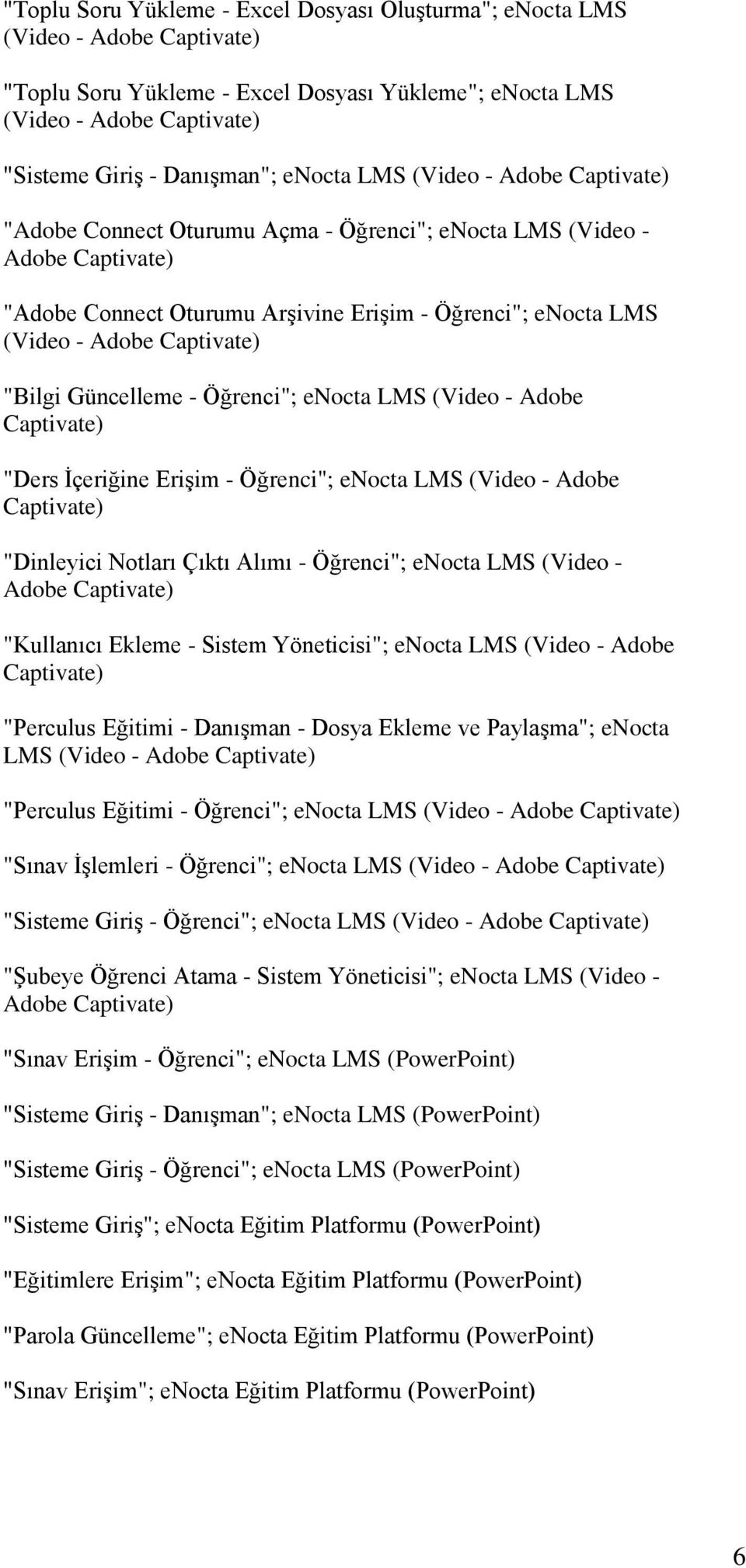 Captivate) "Bilgi Güncelleme - Öğrenci"; enocta LMS (Video - Adobe Captivate) "Ders İçeriğine Erişim - Öğrenci"; enocta LMS (Video - Adobe Captivate) "Dinleyici Notları Çıktı Alımı - Öğrenci"; enocta