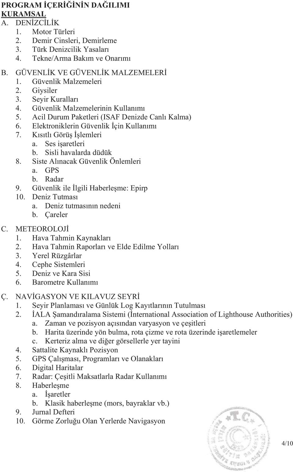 K s tl Görü lemleri a. Ses i aretleri b. Sisli havalarda düdük 8. Siste Al nacak Güvenlik Önlemleri a. GPS b. Radar 9. Güvenlik ile lgili Haberle me: Epirp 10. Deniz Tutmas a.