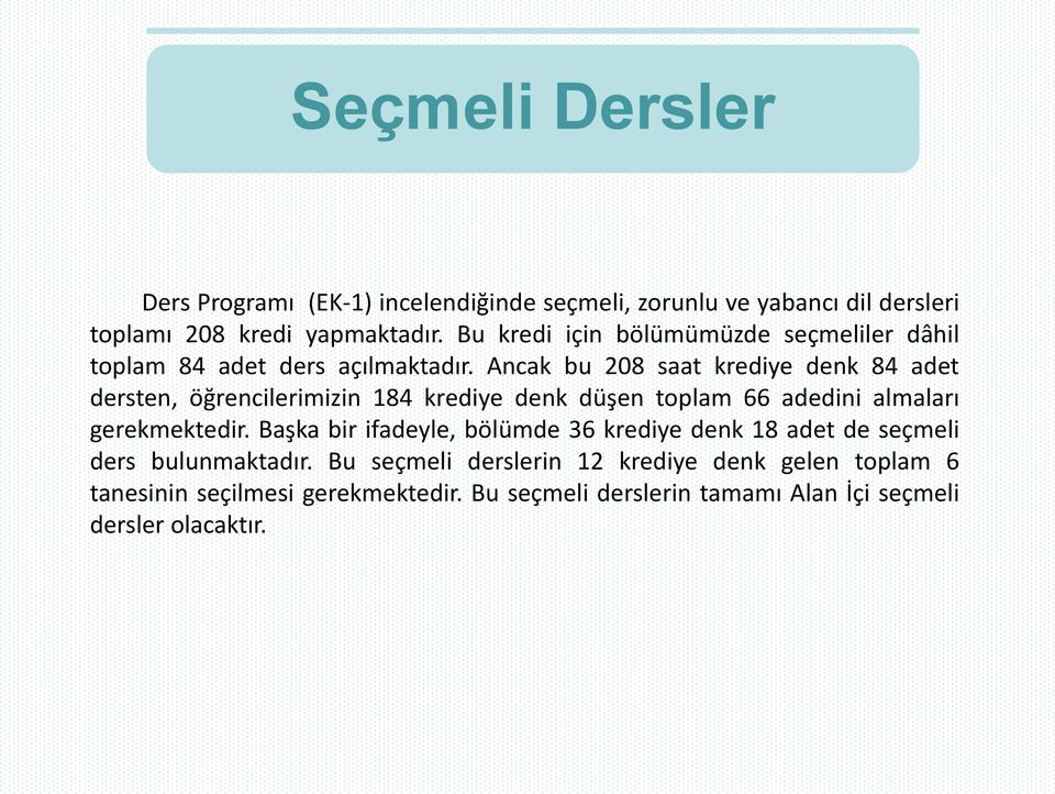 Ancak bu 208 saat krediye denk 84 adet dersten, öğrencilerimizin 184 krediye denk düşen toplam 66 adedini almaları gerekmektedir.