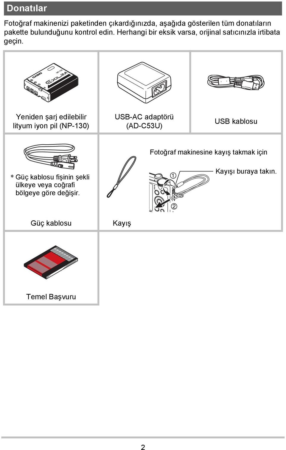 Yeniden şarj edilebilir lityum iyon pil (NP-130) USB-AC adaptörü (AD-C53U) USB kablosu Fotoğraf makinesine