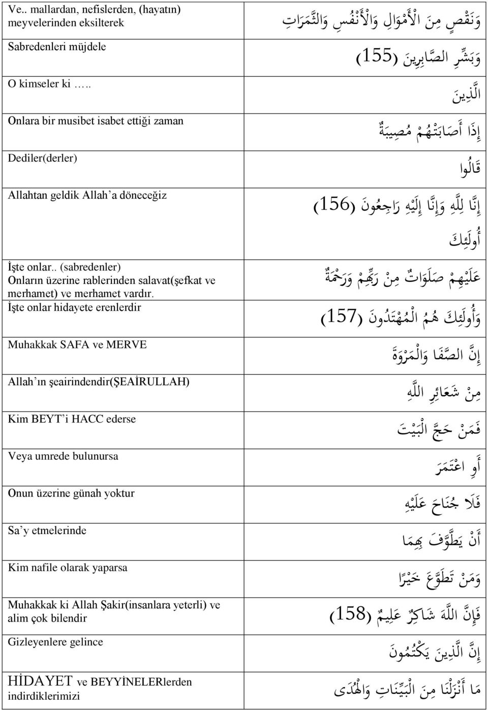 İşte onlar hidayete erenlerdir Muhakkak SAFA ve MERVE Allah ın şeairindendir(şeairullah) Kim BEYT i HACC ederse Veya umrede bulunursa Onun üzerine günah yoktur Sa y etmelerinde Kim nafile olarak