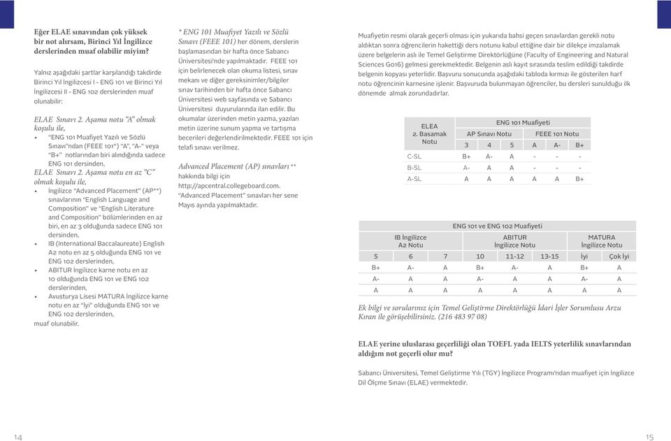 Aşama notu A olmak koşulu ile, ENG 101 Muafiyet Yazılı ve Sözlü Sınavı ndan (FEEE 101*) A, A- veya B+ notlarından biri alındığında sadece ENG 101 dersinden, ELAE Sınavı 2.