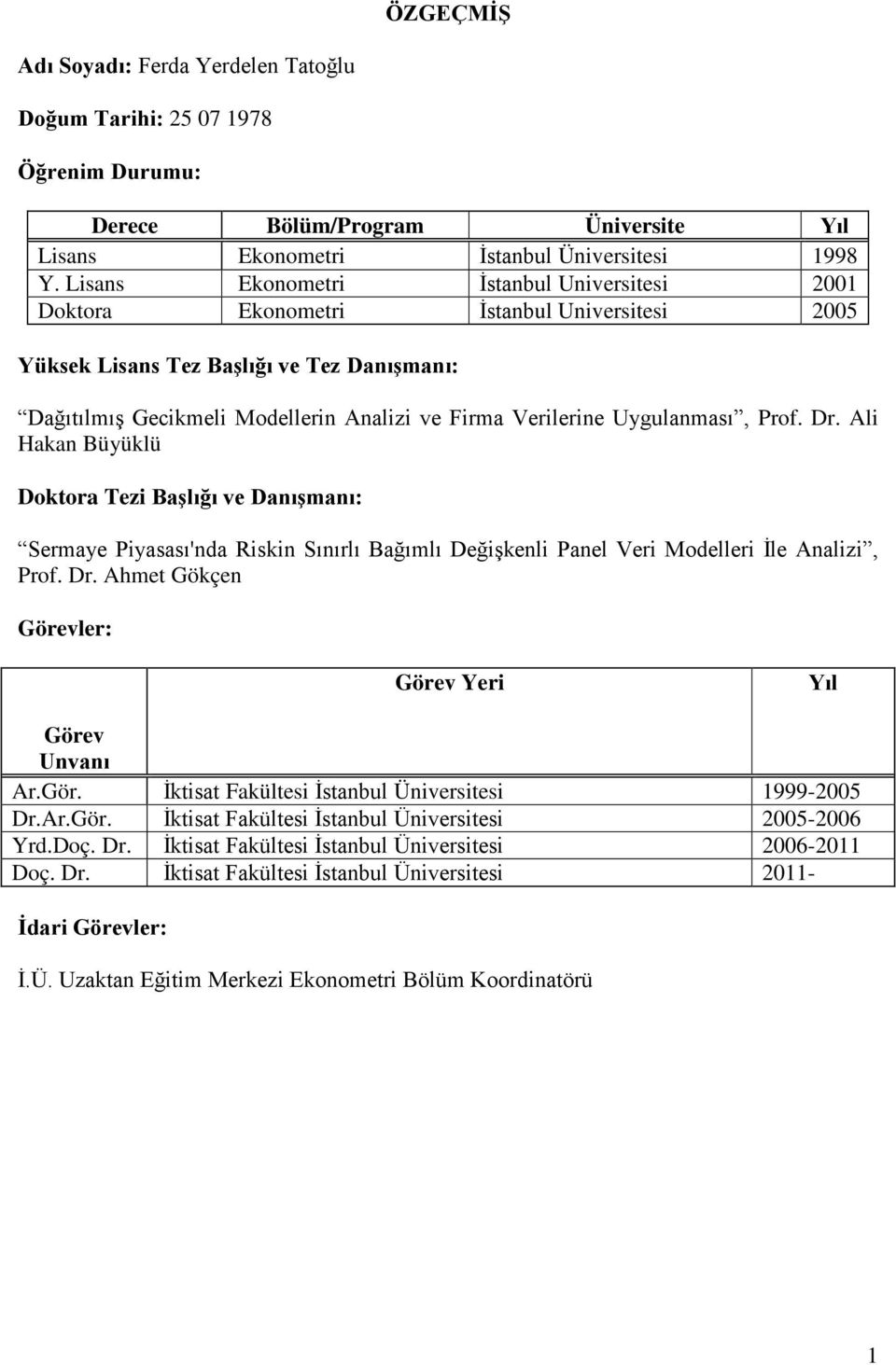 Uygulanması, Prof. Dr. Ali Hakan Büyüklü Doktora Tezi Başlığı ve Danışmanı: Sermaye Piyasası'nda Riskin Sınırlı Bağımlı Değişkenli Panel Veri Modelleri İle Analizi, Prof. Dr. Ahmet Gökçen Görevler: Görev Yeri Yıl Görev Unvanı Ar.