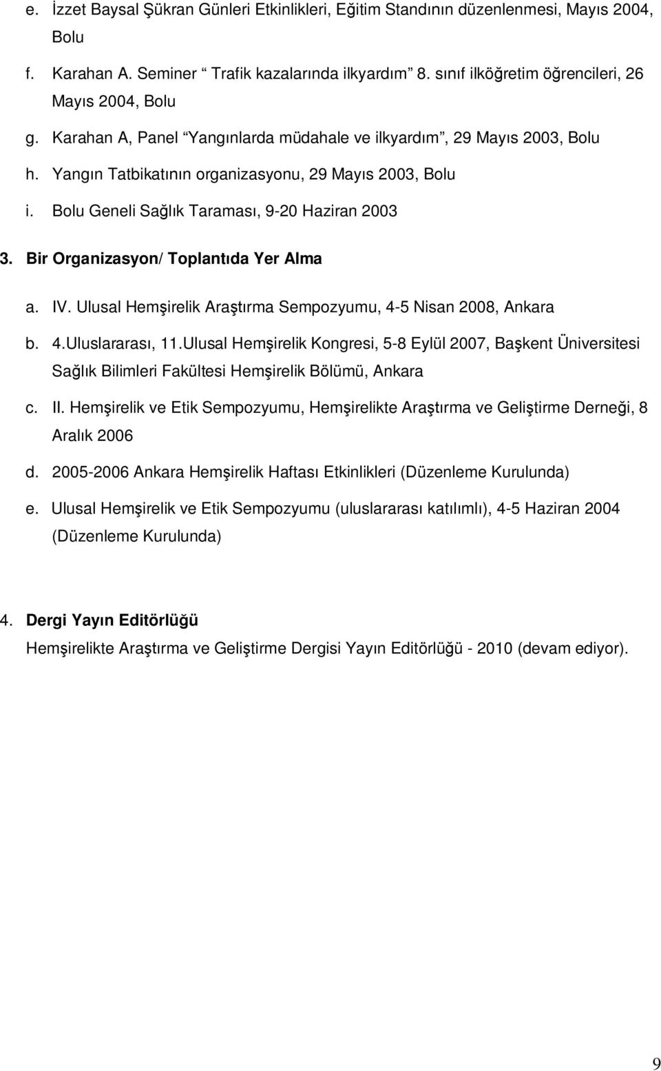 Bir Organizasyon/ Toplantıda Yer Alma a. IV. Ulusal Hemşirelik Araştırma Sempozyumu, 4-5 Nisan 2008, Ankara b. 4.Uluslararası, 11.