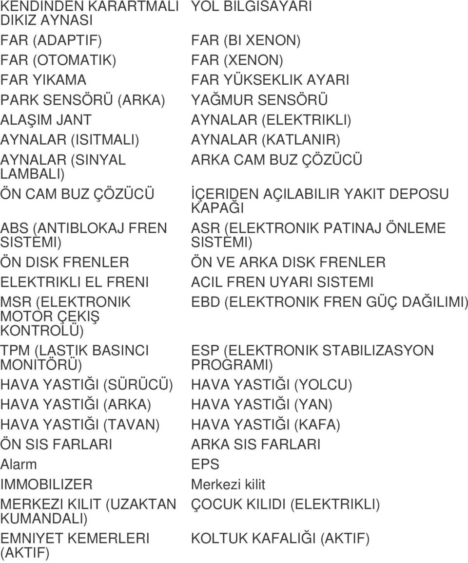 MERKEZI KILIT (UZAKTAN KUMANDALI) EMNIYET KEMERLERI (AKTIF) YOL BILGISAYARI FAR (BI XENON) FAR (XENON) FAR YÜKSEKLIK AYARI YAĞMUR SENSÖRÜ AYNALAR (ELEKTRIKLI) AYNALAR (KATLANIR) ARKA CAM BUZ ÇÖZÜCÜ