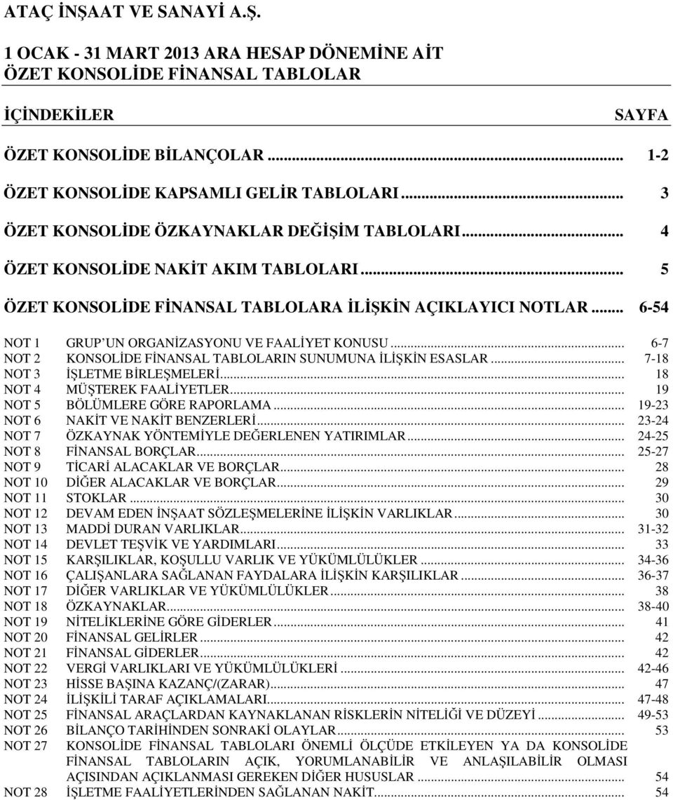 .. 6-7 NOT 2 KONSOLİDE FİNANSAL TABLOLARIN SUNUMUNA İLİŞKİN ESASLAR... 7-18 NOT 3 İŞLETME BİRLEŞMELERİ... 18 NOT 4 MÜŞTEREK FAALİYETLER... 19 NOT 5 BÖLÜMLERE GÖRE RAPORLAMA.