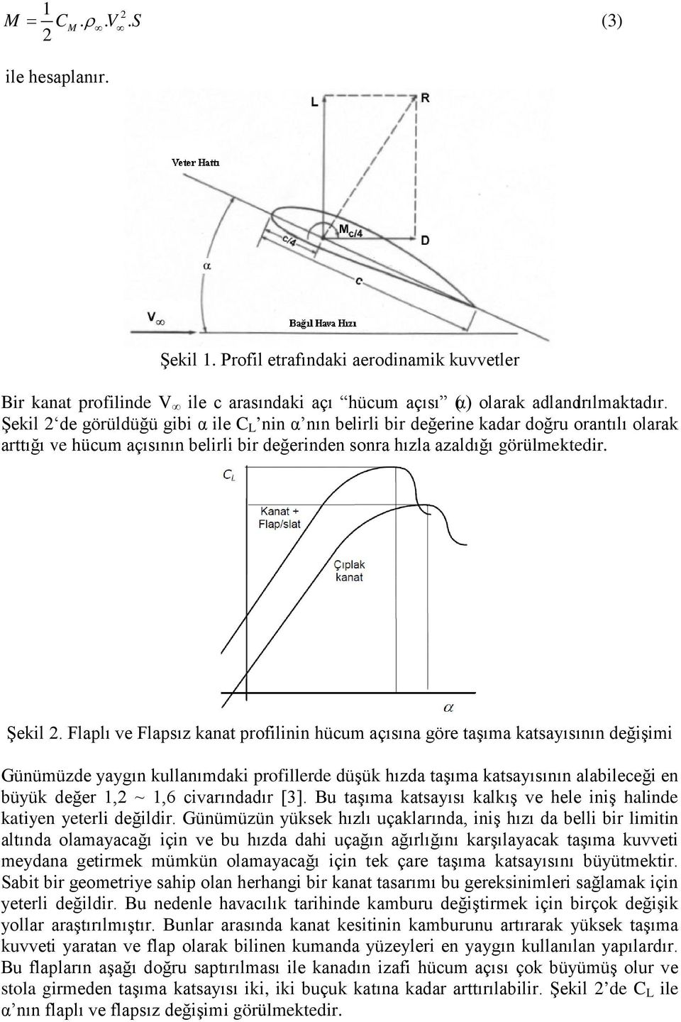 Flaplı ve Flapsız kanat profilinin hücum açısına göre taşıma katsayısının değişimi Günümüzde yaygın kullanımdaki profillerde düşük hızda taşıma katsayısının alabileceği en büyük değer 1,2 ~ 1,6