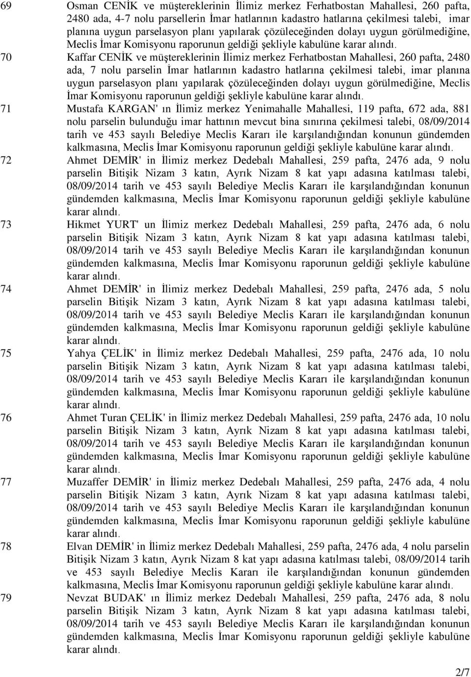 pafta, 2480 ada, 7 nolu parselin İmar hatlarının kadastro hatlarına çekilmesi talebi, imar planına uygun parselasyon planı yapılarak çözüleceğinden dolayı uygun görülmediğine, Meclis İmar Komisyonu