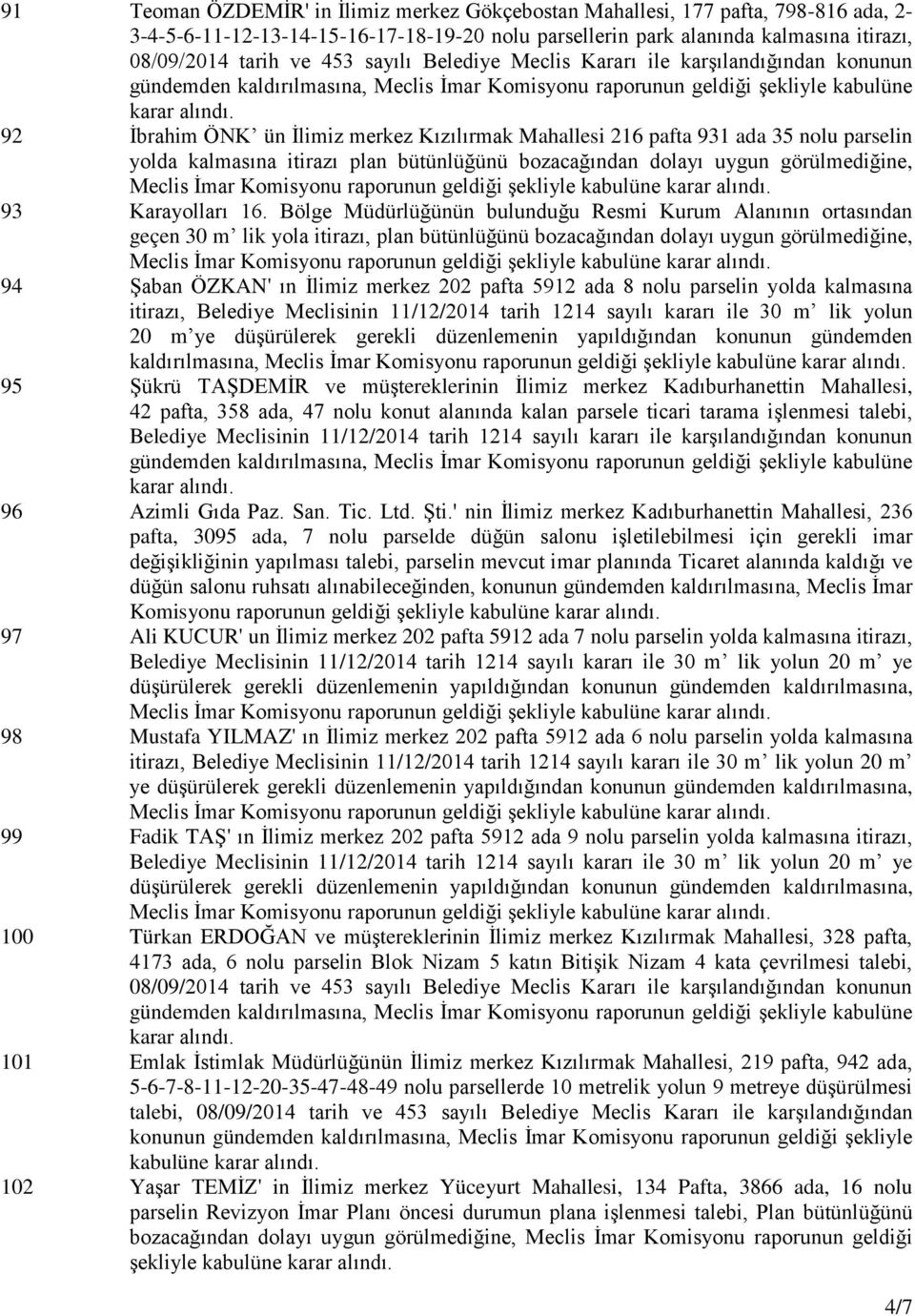 dolayı uygun görülmediğine, Meclis İmar Komisyonu raporunun geldiği şekliyle kabulüne 93 Karayolları 16.