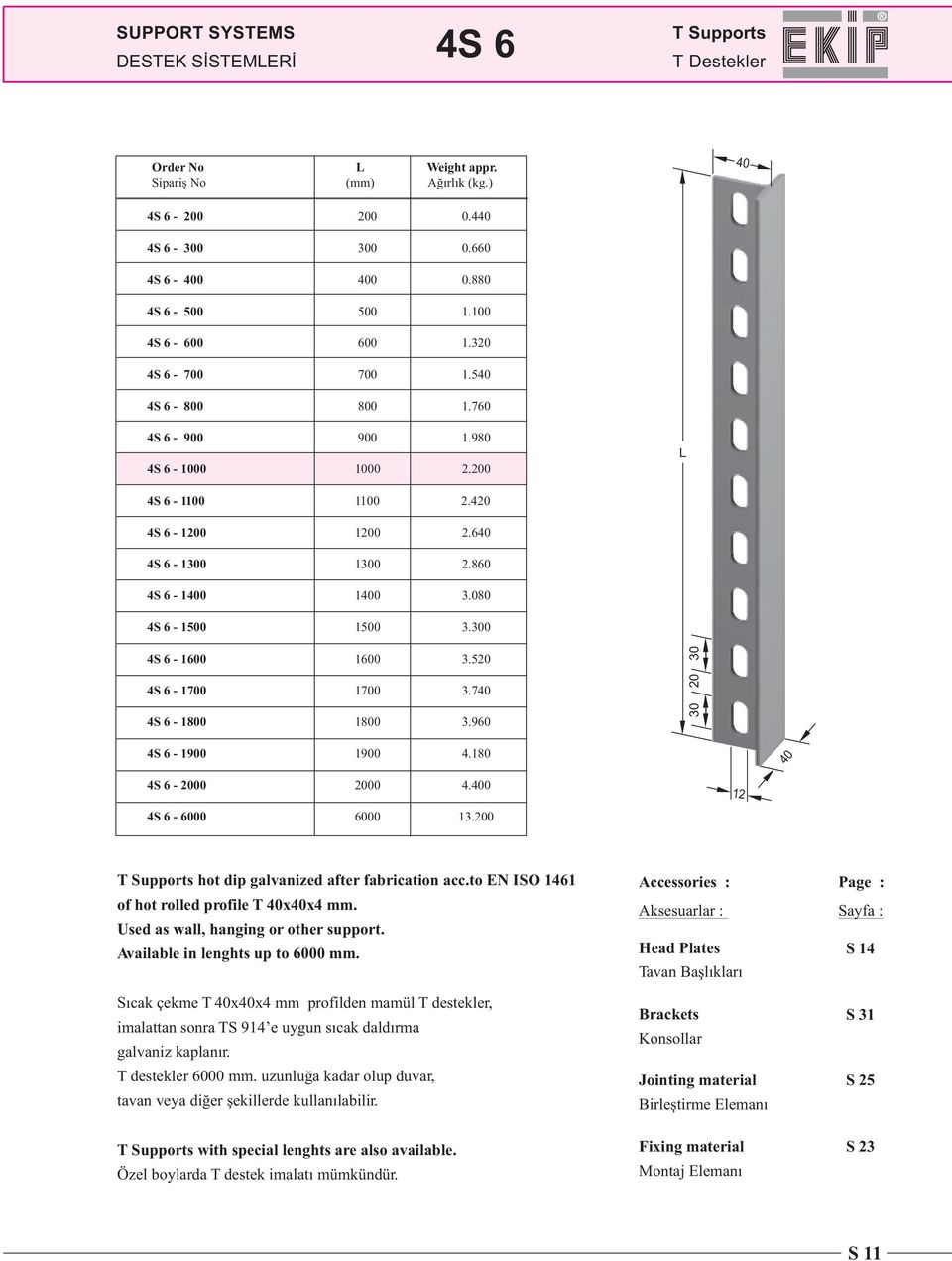 960 30 30 20 4S 6-1900 1900 4.1 4S 6-2000 2000 4.0 4S 6-6000 6000 13.200 12 T Supports hot dip galvanized after fabrication acc.to EN ISO 1461 of hot rolled profile T xx4 mm.