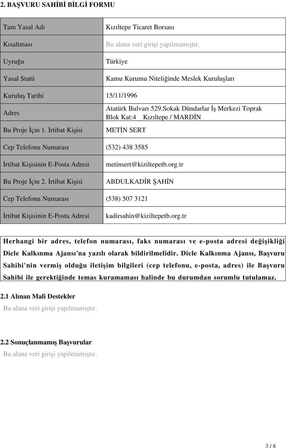 Sokak Dündarlar İş Merkezi Toprak Blok Kat:4 Kızıltepe / MARDİN METİN SERT Cep Telefonu Numarası (532) 438 3585 İrtibat Kişisinin E-Posta Adresi Bu Proje İçin 2. İrtibat Kişisi metinsert@kiziltepetb.