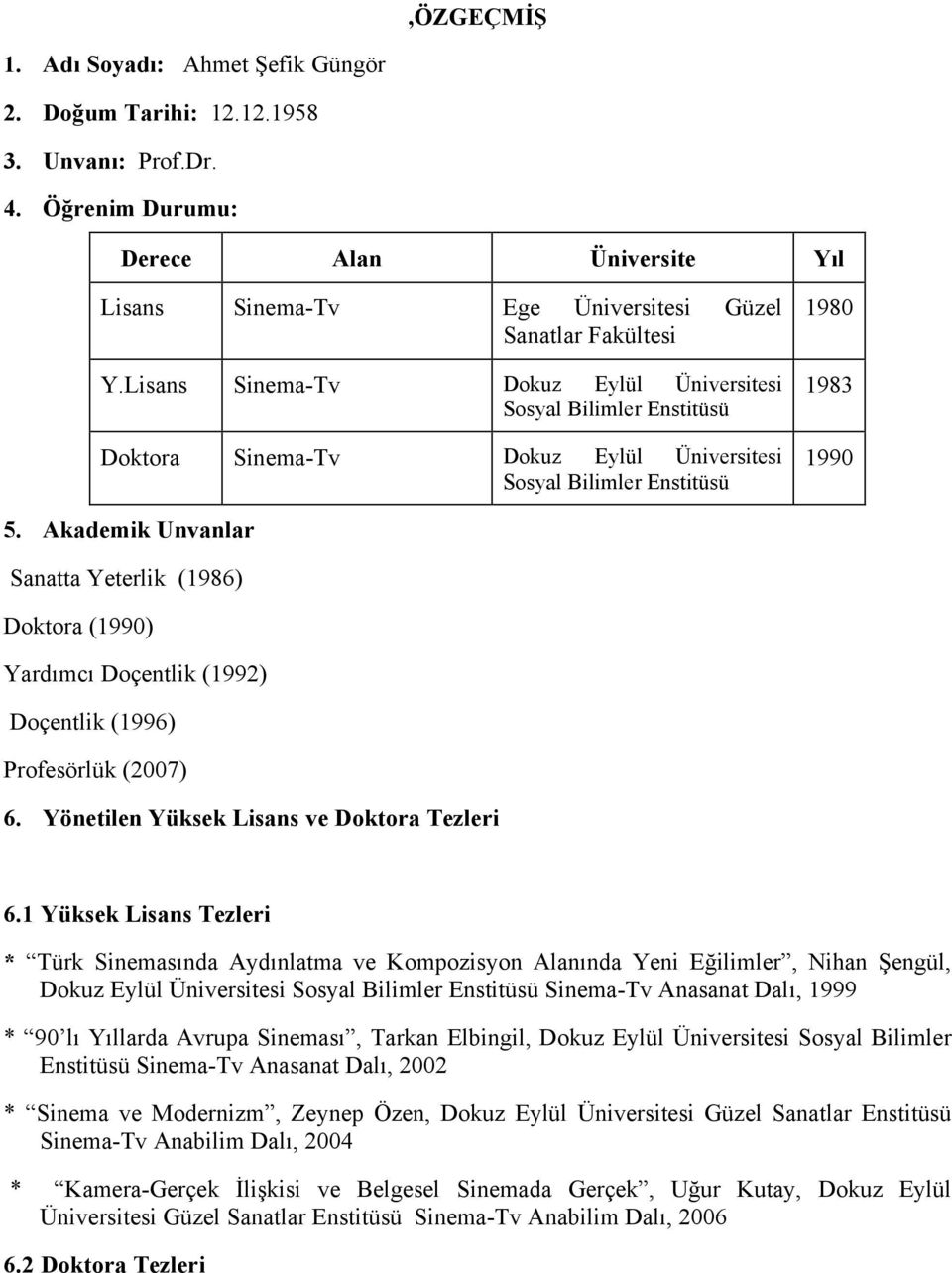 Akademik Unvanlar Sanatta Yeterlik (1986) Doktora (1990) Yardımcı Doçentlik (1992) Doçentlik (1996) Profesörlük (2007) 6. Yönetilen Yüksek Lisans ve Doktora Tezleri 6.