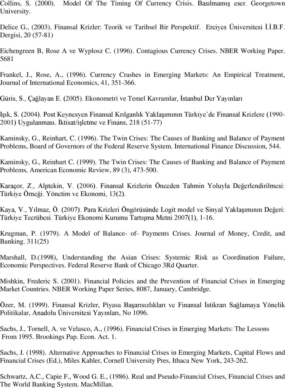 Currency Crashes in Emerging Markets: An Empirical Treatment, Journal of International Economics, 41, 351-366. Güris, S., Çağlayan E. (2005).