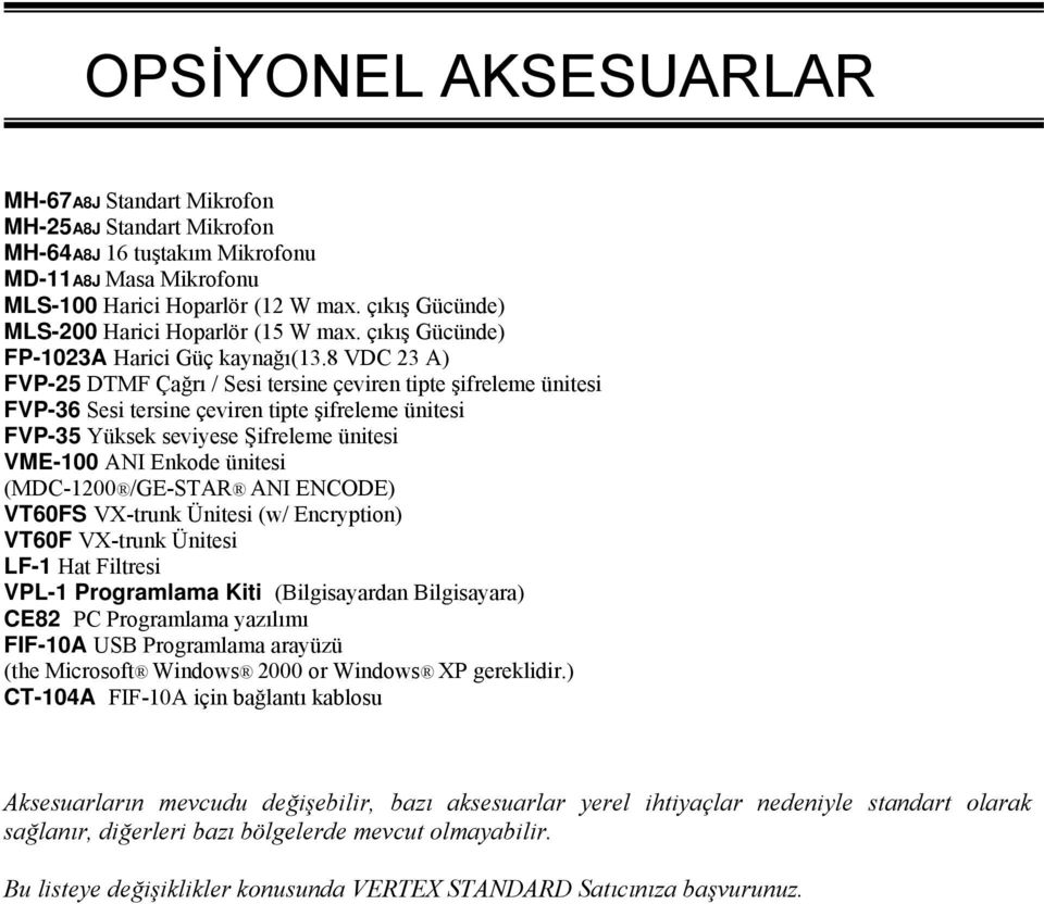 8 VDC 23 A) FVP-25 DTMF Çağrı / Sesi tersine çeviren tipte şifreleme ünitesi FVP-36 Sesi tersine çeviren tipte şifreleme ünitesi FVP-35 Yüksek seviyese Şifreleme ünitesi VME-100 ANI Enkode ünitesi