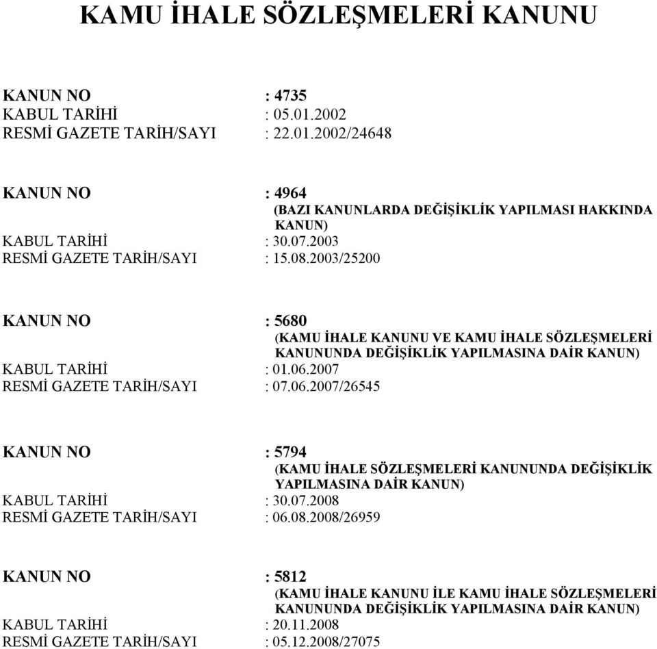 2007 RESMİ GAZETE TARİH/SAYI : 07.06.2007/26545 KANUN NO : 5794 (KAMU İHALE SÖZLEŞMELERİ KANUNUNDA DEĞİŞİKLİK YAPILMASINA DAİR KANUN) KABUL TARİHİ : 30.07.2008 RESMİ GAZETE TARİH/SAYI : 06.