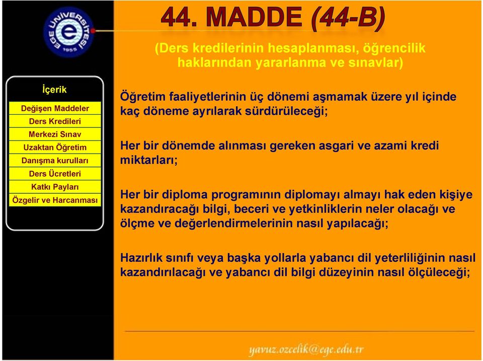 diplomayı almayı hak eden kişiye kazandıracağı bilgi, beceri ve yetkinliklerin neler olacağı ve ölçme ve değerlendirmelerinin nasıl