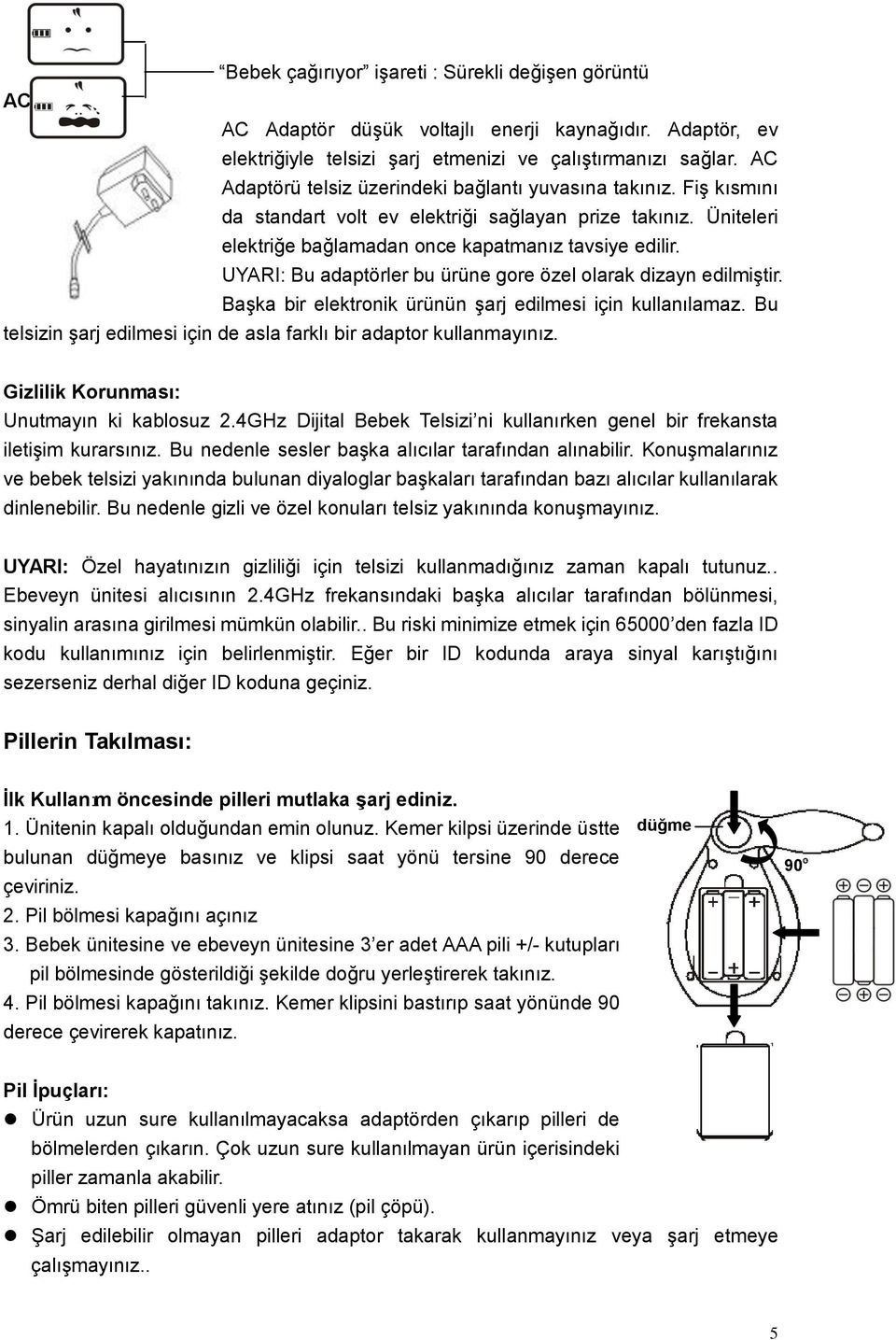 UYARI: Bu adaptörler bu ürüne gore özel olarak dizayn edilmiştir. Başka bir elektronik ürünün şarj edilmesi için kullanılamaz. Bu telsizin şarj edilmesi için de asla farklı bir adaptor kullanmayınız.