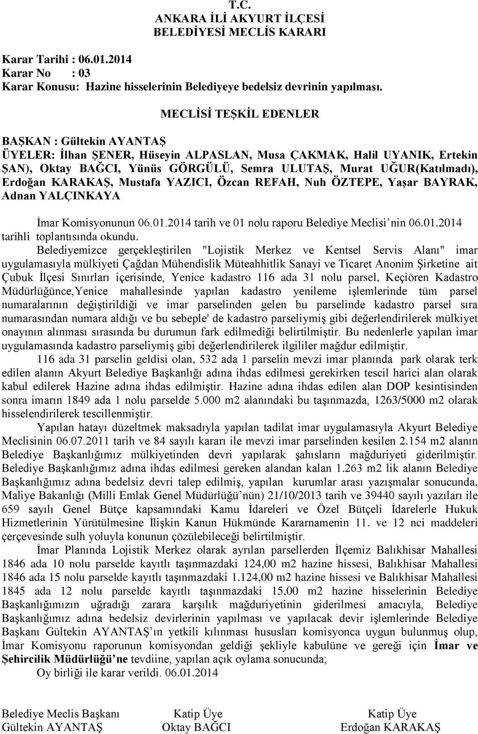 ÖZTEPE, Yaşar BAYRAK, Adnan YALÇINKAYA İmar Komisyonunun 06.01.2014 tarih ve 01 nolu raporu Belediye Meclisi nin 06.01.2014 tarihli toplantısında okundu.