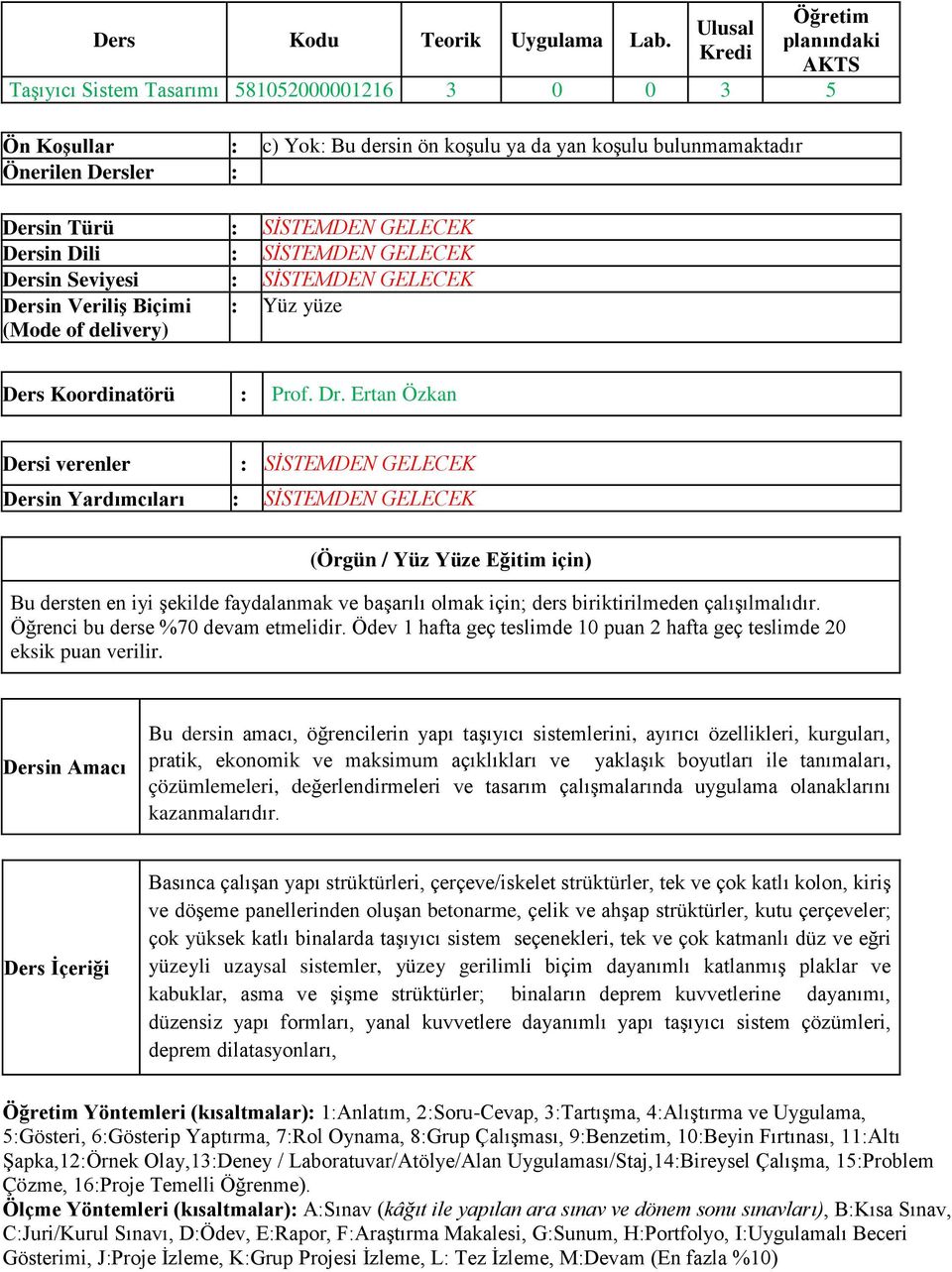 SİSTEMDEN GELECEK Dersin Dili : SİSTEMDEN GELECEK Dersin Seviyesi : SİSTEMDEN GELECEK Dersin Veriliş Biçimi (Mode of delivery) : Yüz yüze Ders Koordinatörü : Prof. Dr.