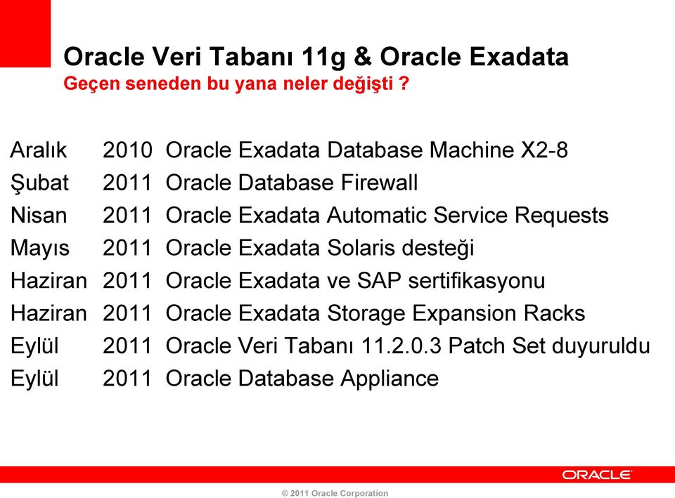 Automatic Service Requests Mayıs 2011 Oracle Exadata Solaris desteği Haziran 2011 Oracle Exadata ve SAP