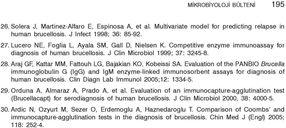 Araj GF, Kattar MM, Fattouh LG, Bajakian KO, Kobeissi SA. Evaluation of the PANBIO Brucella immunoglobulin G (IgG) and IgM enzyme-linked immunosorbent assays for diagnosis of human brucellosis.