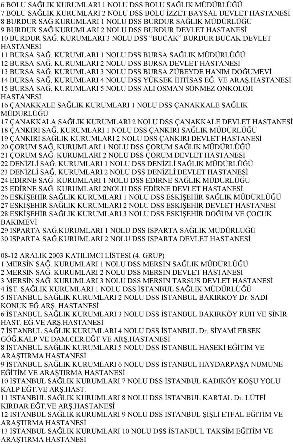 KURUMLARI 2 NOLU DSS BURSA DEVLET 13 BURSA SAĞ. KURUMLARI 3 NOLU DSS BURSA ZÜBEYDE HANIM DOĞUMEVİ 14 BURSA SAĞ. KURUMLARI 4 NOLU DSS YÜKSEK İHTİSAS EĞ. VE ARAŞ. 15 BURSA SAĞ.