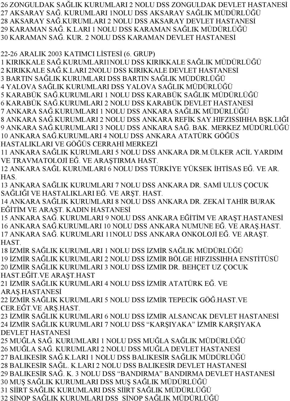 KURUMLARI 1 NOLU DSS KARABÜK SAĞLIK MÜDÜRLÜĞÜ 6 KARABÜK SAĞ.KURUMLARI 2 NOLU DSS KARABÜK DEVLET 7 ANKARA SAĞ.KURUMLARI 1 NOLU DSS ANKARA SAĞLIK MÜDÜRLÜĞÜ 8 ANKARA SAĞ.