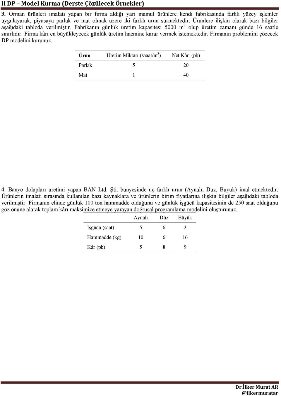 Firma kârı en büyükleyecek günlük üretim hacmine karar vermek istemektedir. Firmanın problemini çözecek DP modelini kurunuz. Ürün Üretim Miktarı (saaat/m 3 ) Net Kâr (pb) Parlak 5 20 Mat 1 40 4.