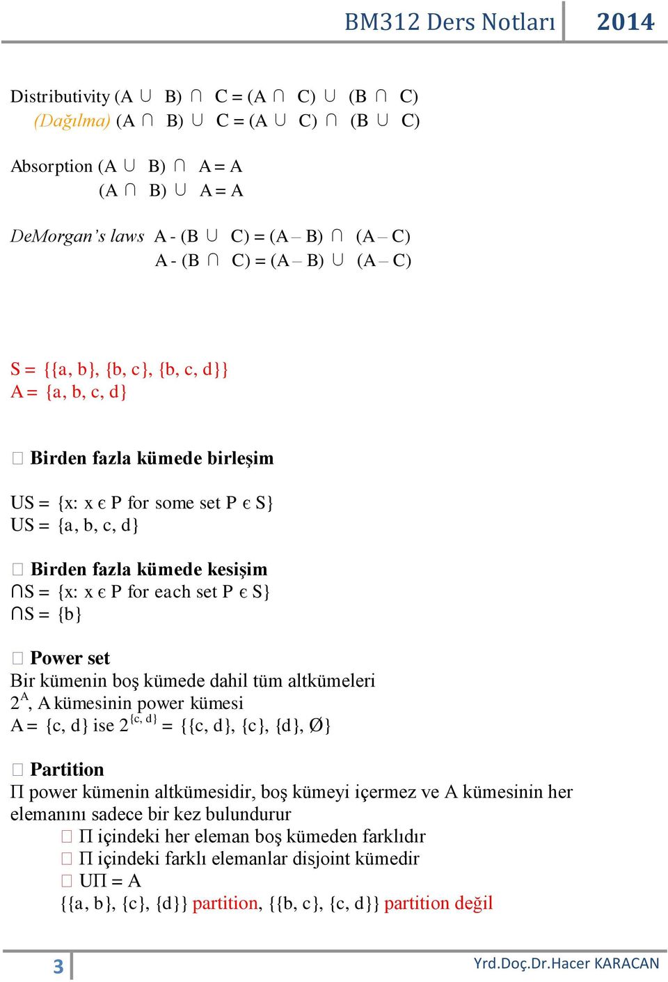 kümede dahil tüm altkümeleri 2 A, A kümesinin power kümesi A = {c, d} ise 2 {c, d} = {{c, d}, {c}, {d}, Ø} Partition Π power kümenin altkümesidir, boş kümeyi içermez ve A kümesinin her elemanını