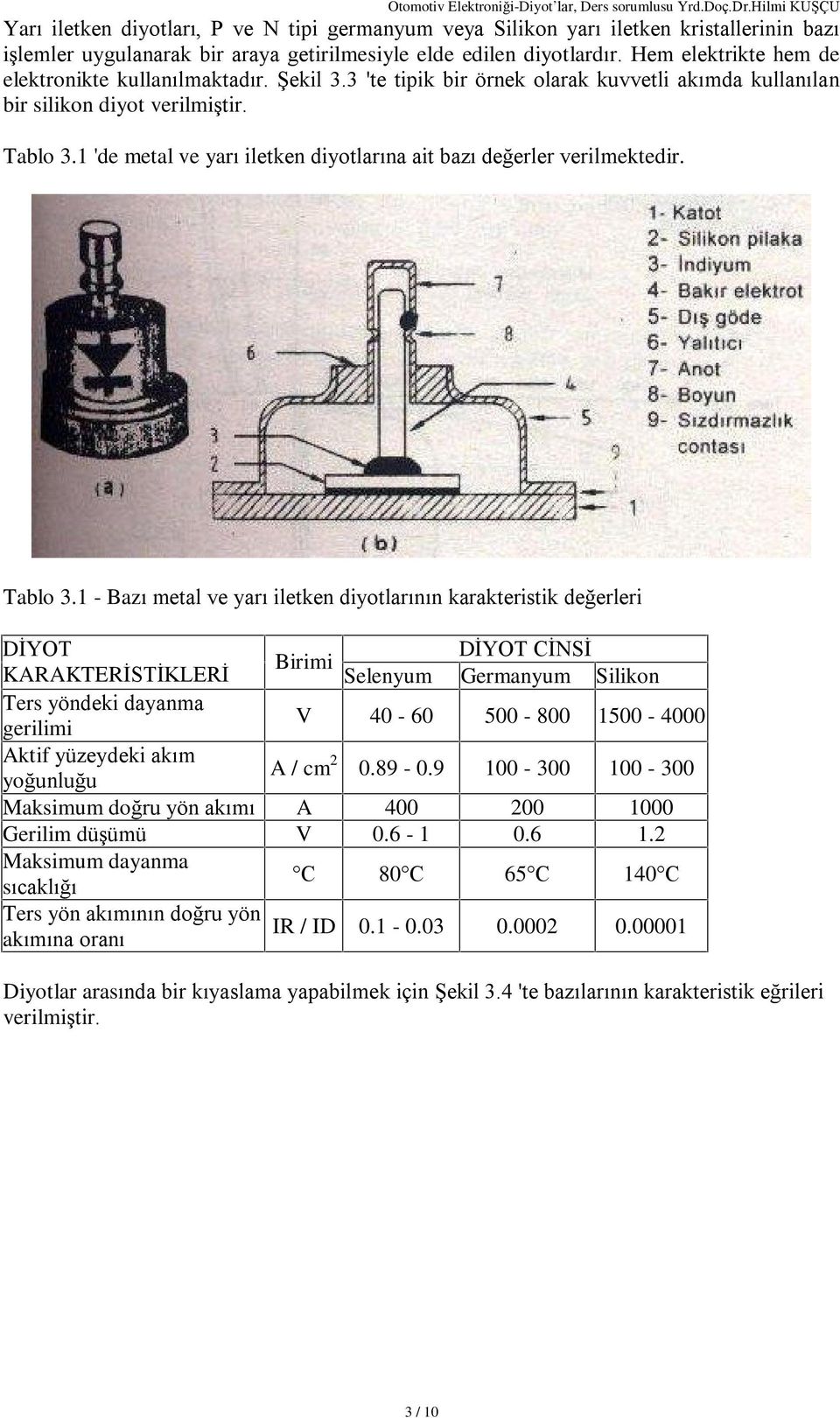 1 'de metal ve yarý iletken diyotlarýna ait bazý deðerler verilmektedir. Tablo 3.