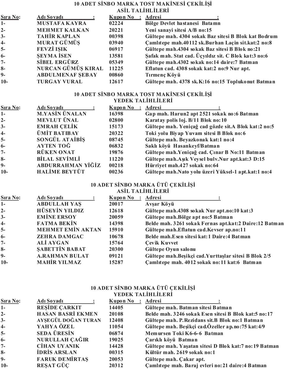 4304 sokak Baz sitesi B Blok no:21 6- ÞEYMA ÝSEN 13581 Þafak mah. Stat cad. Üįyýldýz sit. C Blok kat:3 no:6 7- SÝBEL ERGÜRZ 05349 Gültepe mah.