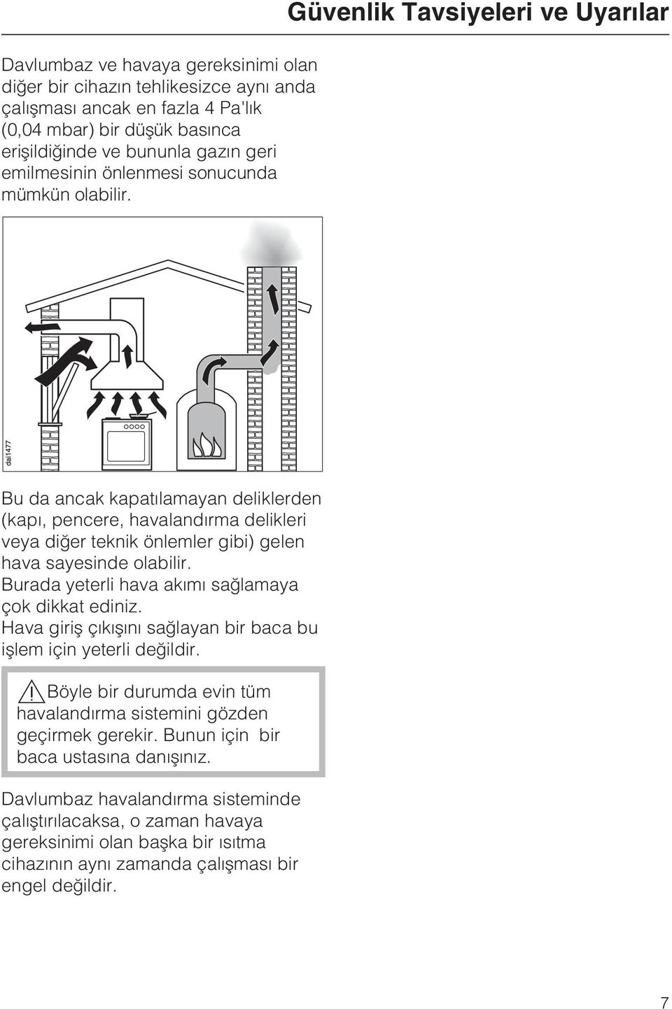 Güvenlik Tavsiyeleri ve Uyarýlar Bu da ancak kapatýlamayan deliklerden (kapý, pencere, havalandýrma delikleri veya diðer teknik önlemler gibi) gelen hava sayesinde olabilir.