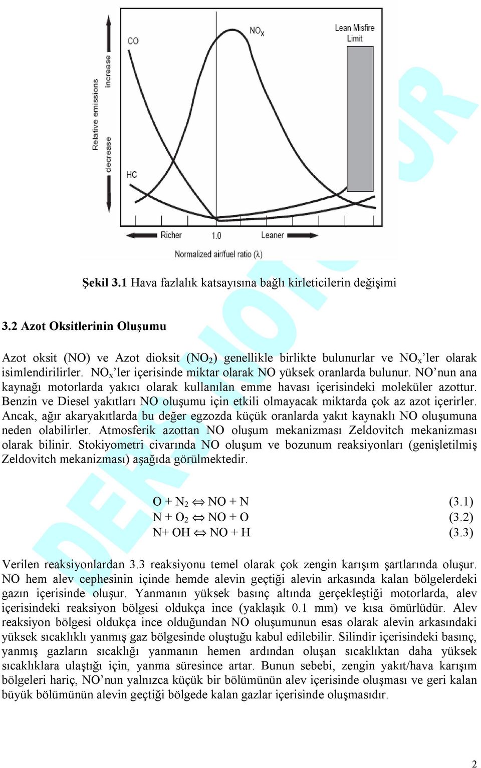 NO nun ana kaynağı motorlarda yakıcı olarak kullanılan emme havası içerisindeki moleküler azottur. Benzin ve Diesel yakıtları NO oluşumu için etkili olmayacak miktarda çok az azot içerirler.